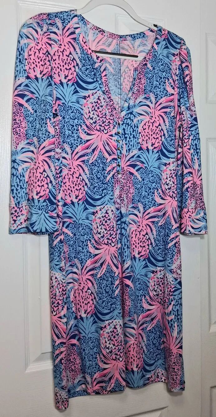 Lilly pulitzer womens large shift dress pineapple print pink blue casual